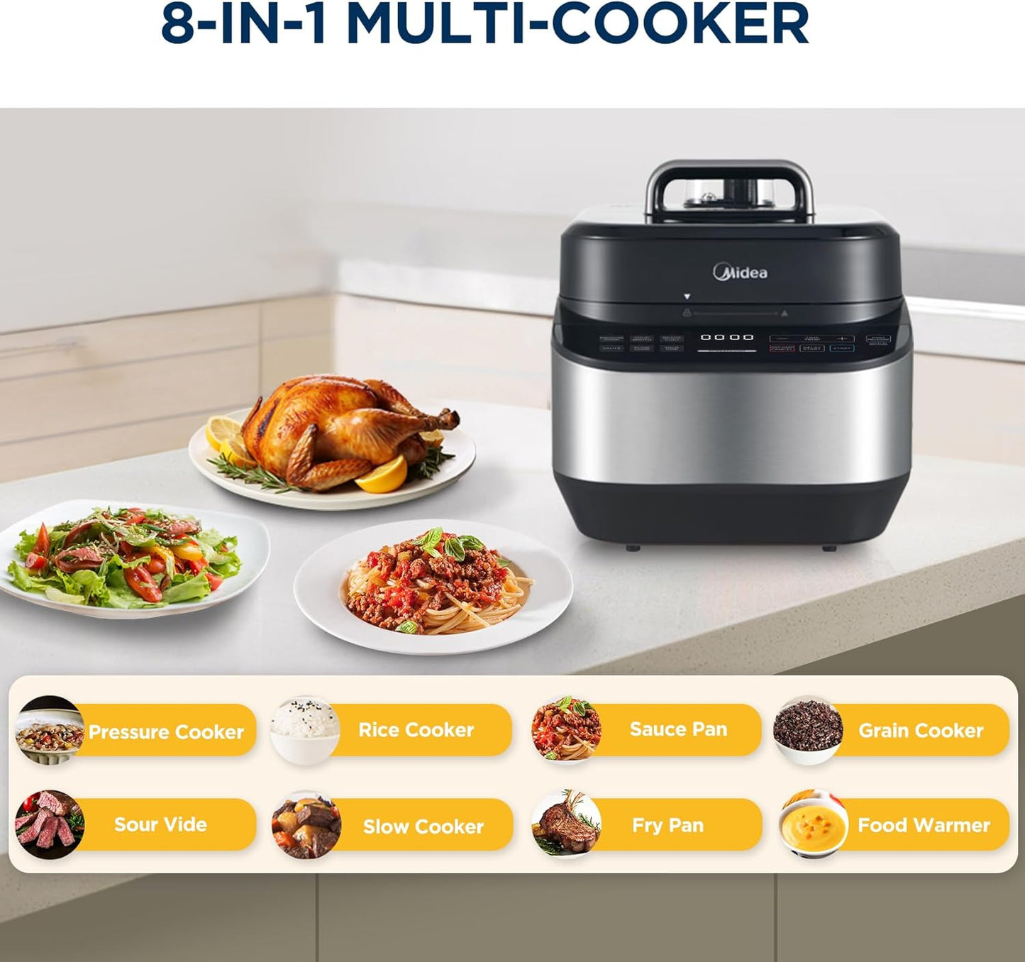 Midea Electric Pressure Cooker, 14° Inclined Panel, 8-in-1 Olla de Presion, Multi-Functional Programmable Slow Cooker, Rice Cooker, Steamer, Sauté Pan, Yogurt Maker and More, 5 Quart