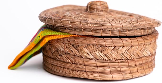 Authentic Mexican Tortilla Warmer Basket - Pine Needle Handwoven with Handloomed Cloth (Natural 9" w cloth)