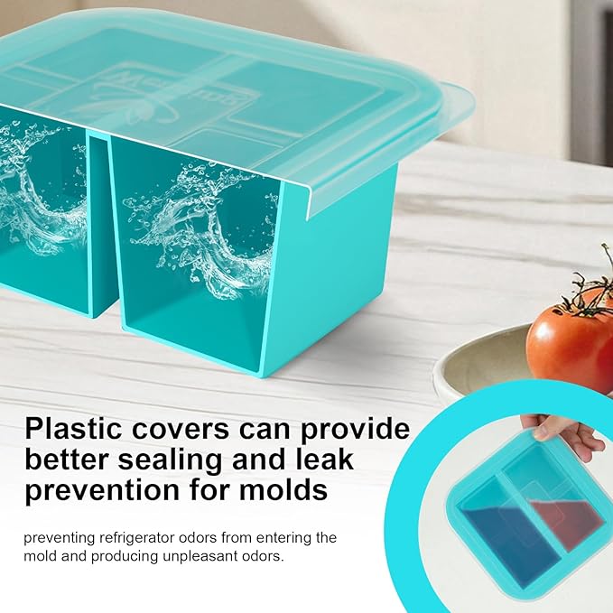 Silicone Freezer Tray with Lid 2 Pack Silicone Freezer Molds Ice Cube Tray Makes 4 Perfect 1 Cup Portions Soup Cubes Meal Prep Containers- Oven & Dishwasher Safe