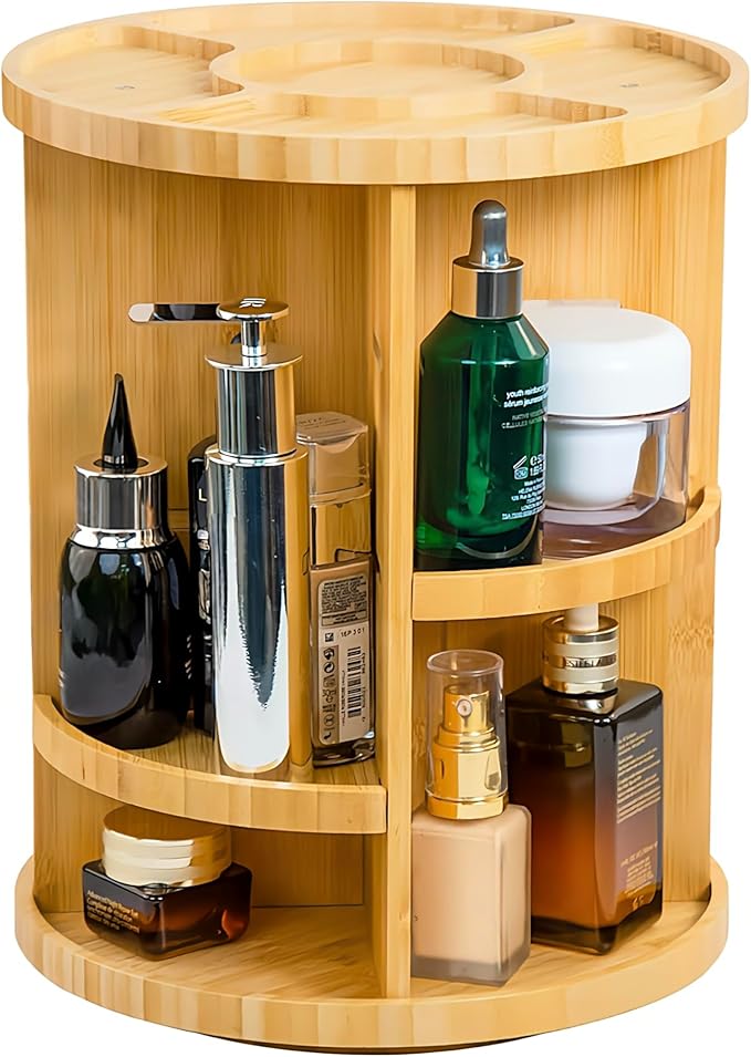 VVW Rotating Bamboo Makeup Organizer,360 Degree Spinning Adjustable Bamboo Vanity Makeup Holder Rack,Large Capacity Cosmetics Storage Display Box,Fits Makeup,Skincare,Cologne (Beige1)