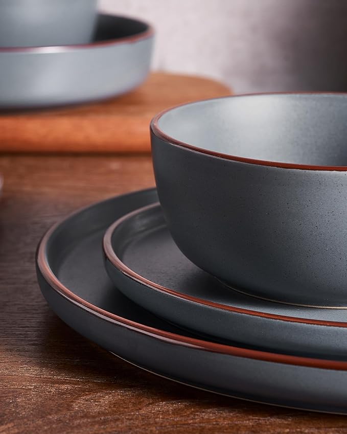 Famiware Mercury Dinnerware Sets with Mugs, Service for 4 (16 Pieces), Plates and Bowls Sets, Microwave and Dishwasher Safe Dishes Set, Charcoal