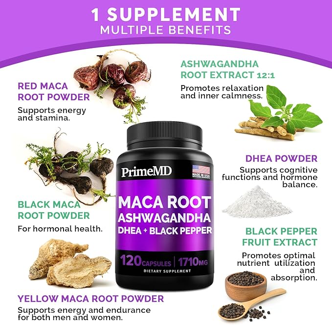 4-in-1 Liquid Biotin Collagen Keratin Saw Palmetto Drops (2 fl oz - 2 Pack) & 6-in-1 Maca Root Ashwagandha w Black Pepper Fruit (120ct) Bundle - Hair, Skin, Nails, Energy & Mood Support Supplement