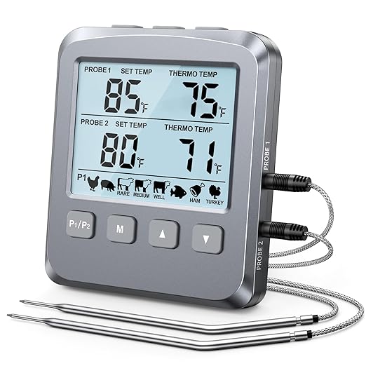 Dual Probe Meat Thermometer Digital for Cooking, Grilling & Smoking with Large LCD Backlight & Alarm, Kitchen Food Grill Thermometer, Smoker Accessories for BBQ, Oven, Oil Fry, Gifts for Men