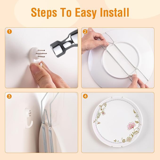 Plate Hangers for The Wall, Suitable for 8-10 inch Decorative Plate, Stainless Steel Wire Plate Holder with Wall Hooks and Rubber tip Protectors, Plate Hangers for Displaying Plates, Platter, Silver