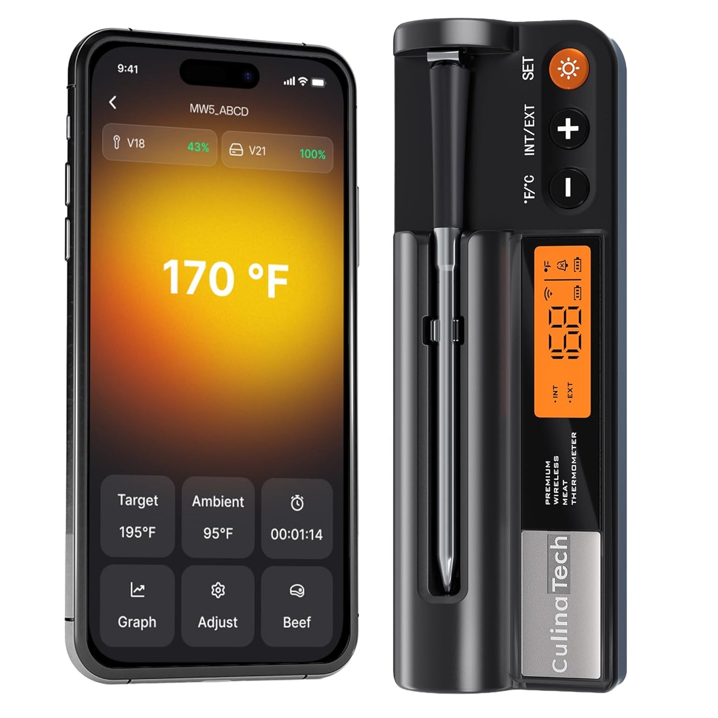 CulinaMeter One: 700FT Wireless Meat Thermometer with LCD Screen, Digital Cooking Food Thermometer for Beef Lamb Turkey, Dual Sensor Measures Internal & Ambient Temp