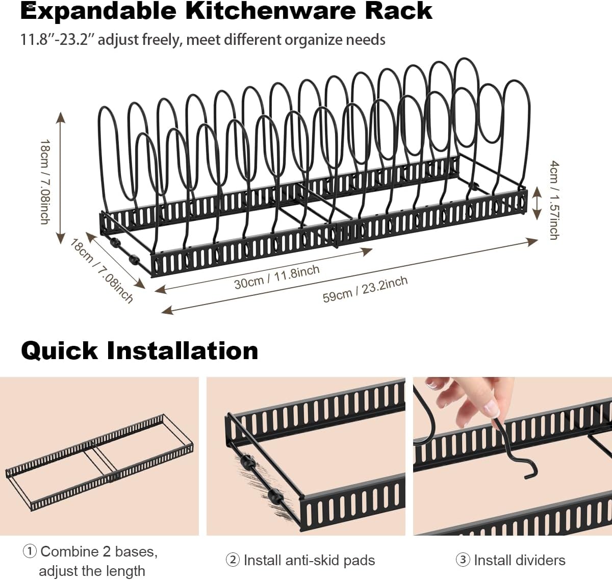 Housolution Pot and Pan Organizer Rack for Cabinet, Expandable Pot Lid Organizer Holder with 14 Adjustable Dividers, Fully Expanded Size 22.83" W x 7.09" D x 7.09" H, Black