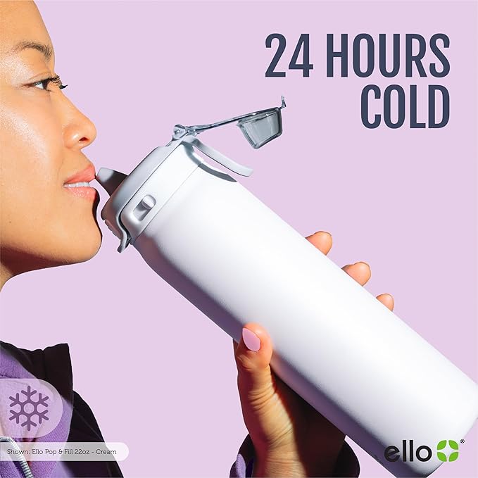 Ello Pop & Fill 22oz Stainless Steel Water Bottle with Quick Fill Technology, Double Walled and Vacuum Insulated Metal, Leak Proof Locking Lid, Sip and Chug, Reusable, BPA Free, Raincloud