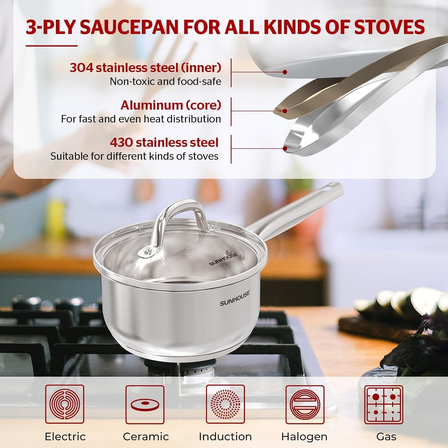 SUNHOUSE – 2 Quarts Stainless Steel Sauce Pan with Lid - PFOA-FREE, Stainless Steel Sauce Pan, Advanced Impact Bonding Induction Base, Stay-Cool Handle, Compatible with All Cooktops