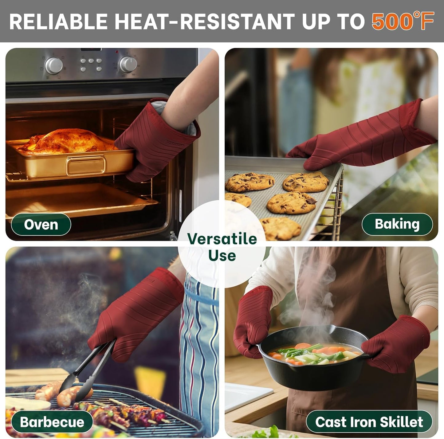 Beneno BPA-Free Silicone Oven Mitts, Heat Resistant Waterproof Oven Mitts with Non-Slip Textured Grip, Comfortable Quilted Lining, Kitchen Pot Holders for Cooking, Baking, Grilling, 7"x13", 2Pcs Red
