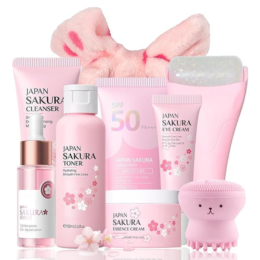 9 Pcs Japan Sakura Skincare Set Teen Girls Gifts - Skin Care for Teens 10-12 - Japanese Skin Care Routine Kit for Women - Travel Size Face Care Set with Cleanser,Sunscreen,Headband,Roller