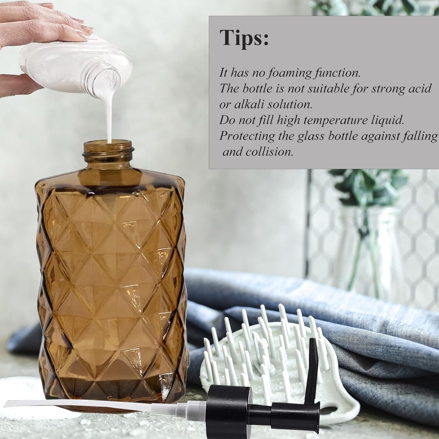 12Oz Small Glass Soap Dispenser with Black Plastic Pump, Brown Refillable Kitchen Countertop Liquid Hand Soap Dispensers with Diamond Design, Crystal Bathroom Lotion Bottle for Dispense Dish Soap