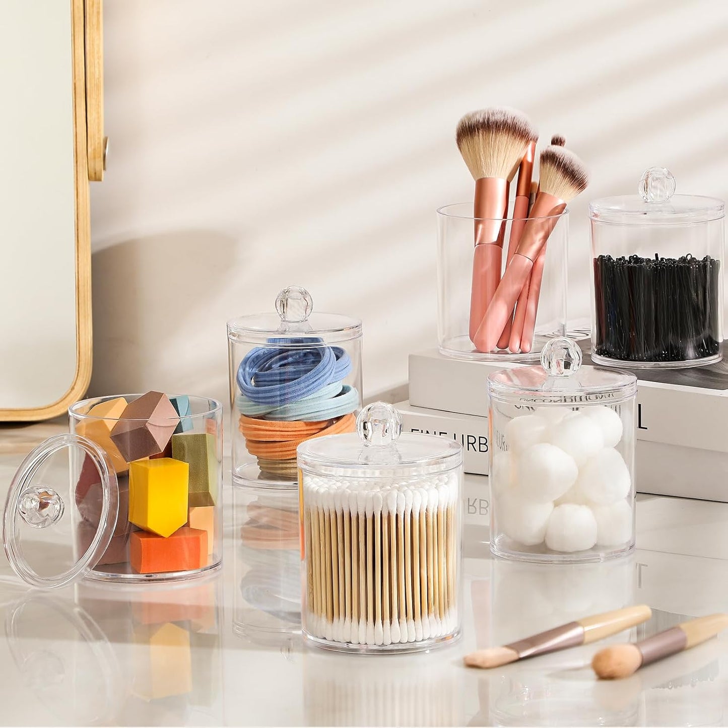AOZITA 3 Pack Acrylic Qtip Holder Dispenser for Cotton Swab, Ball, Round Pads, Floss Picks - 10 oz Clear Plastic Apothecary Jar Set for Bathroom Canister Storage Organization, Vanity Makeup Organizer