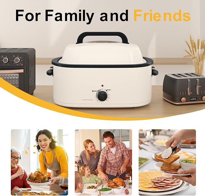 RoyalCraft 22-Quart Electric Roaster Oven with Visible Self-Basting Lid, Turkey Roaster Oven with Removable Pan and Rack, Perfect for Large Meals and Holiday Feasts, White