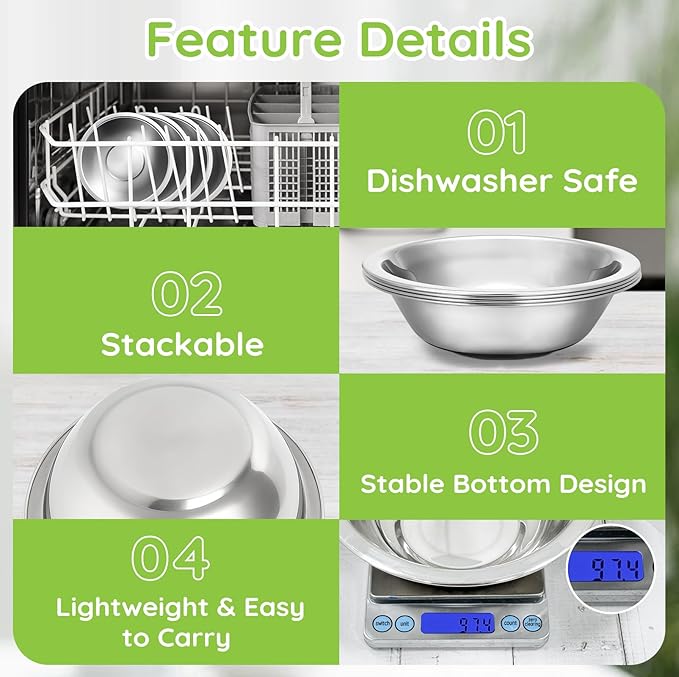 304(18/8) Stainless Steel Mixing Bowls for Kitchen, 10 Pack 7" 21.22 fl.oz Metal Mixing Bowls Set Stackable for Baking Serving Cooking Food Prep Storage Dishwasher Safe Lightweight