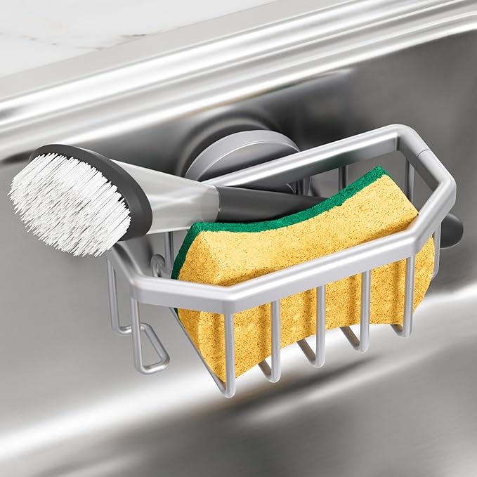 TAILI Sponge Holder for Kitchen Sink with Strong Suction Cup, Rustproof Aluminum Sink Caddy for Sponges, Brushes, Stoppers & Scrapers, Silver