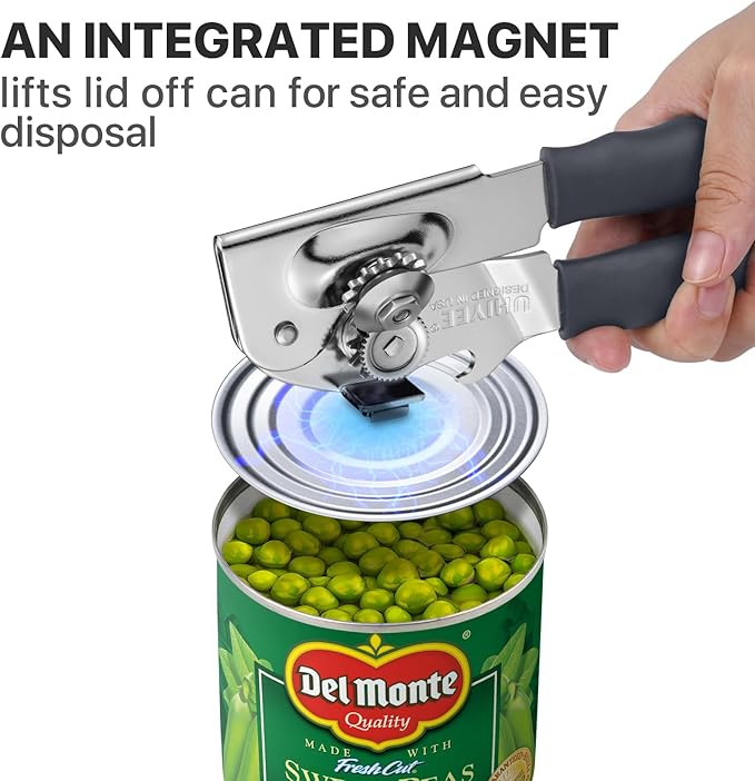 Can Opener Manual Heavy Duty, UHIYEE Hand Held Can Openers for Seniors with Comfort Grip Sharp Blade, Solid Steel Hand Manual Can Open with Magnet for Kitchen Camping, Gray