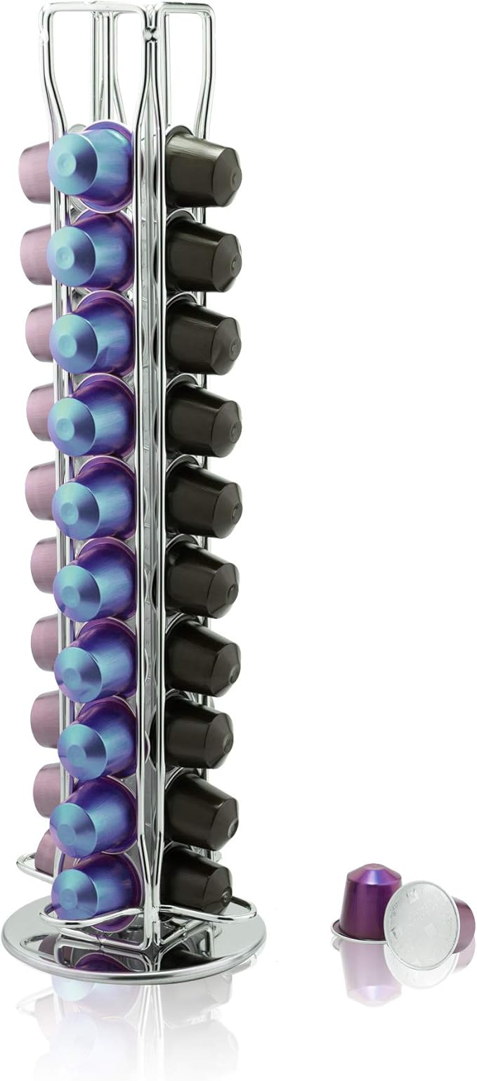 pigchcy Coffee Pods Holder for 40 Original Line Capsules, 360 Degrees Rotating Tower Design, Elegant Modern Chrome Finish, Compatible with Nespresso Capsules (Silver)