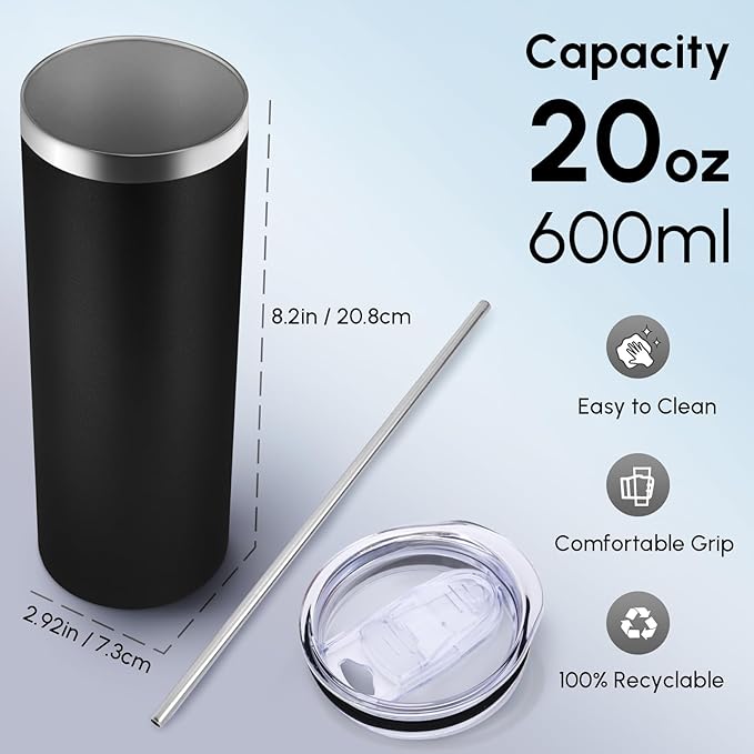 Volhoply 12 Pack Skinny Tumblers with Lid and Straw, 20oz Stainless Steel Straight Tumbler Bulk, Vacuum Insulated Coffee Mug for Home, Office, Travel, DIY (Black,12 Pack)
