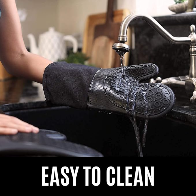 BPA-Free Soft Silicone 4 Piece Oven Mitts & Trivets Set - Ultra Heat Resistant Oven Mitts with Thick Cotton Liner - Long Slip Resistant Pot Holders, Flexible Oven Gloves - Gray