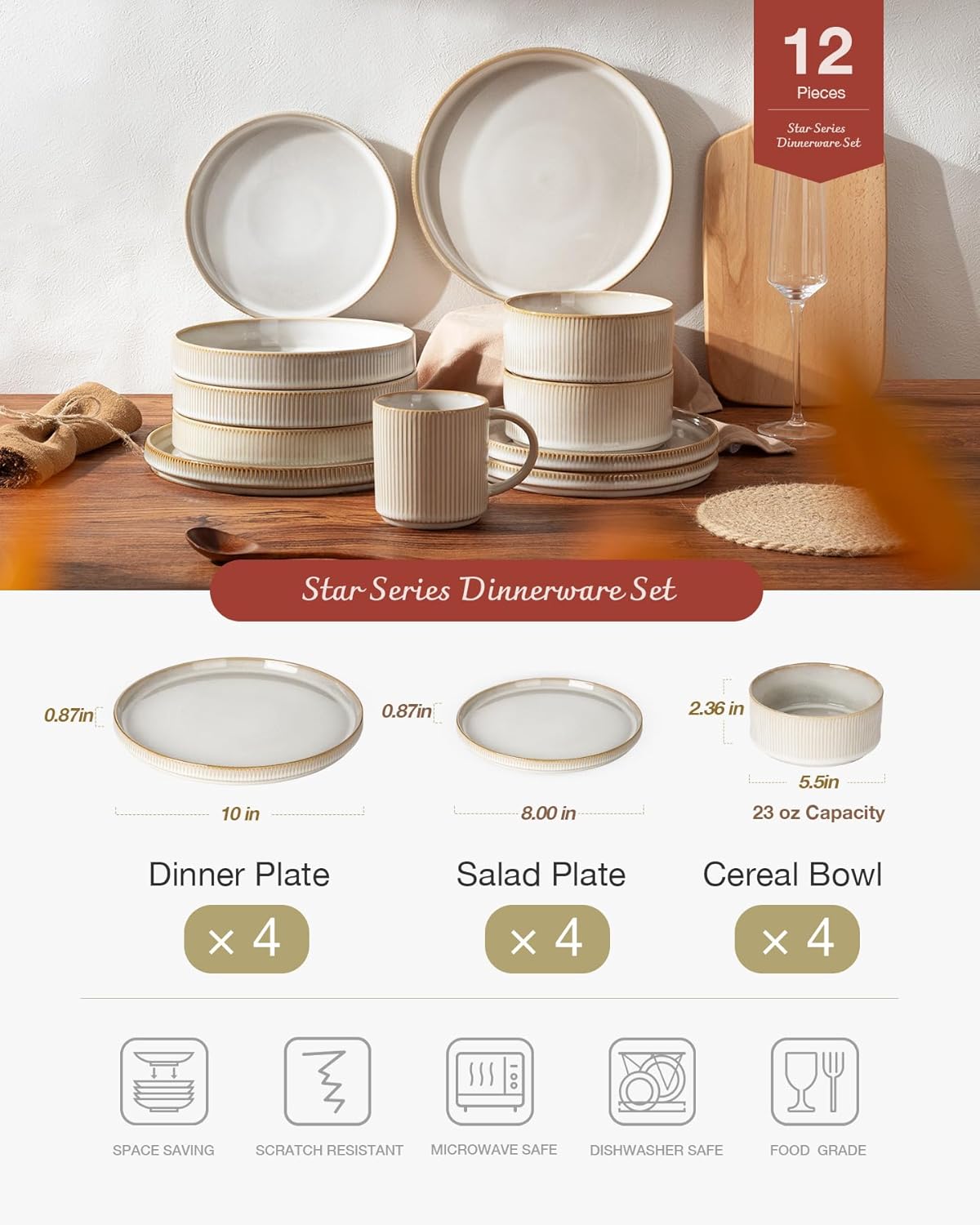 Famiware Star Dinnerware Sets, Plates and Bowls Set for 4, 12 Pieces Ribbed Dishes - Chip and Scratch Resistant, Microwave and Dishwasher Safe Tableware, Cappuccino White