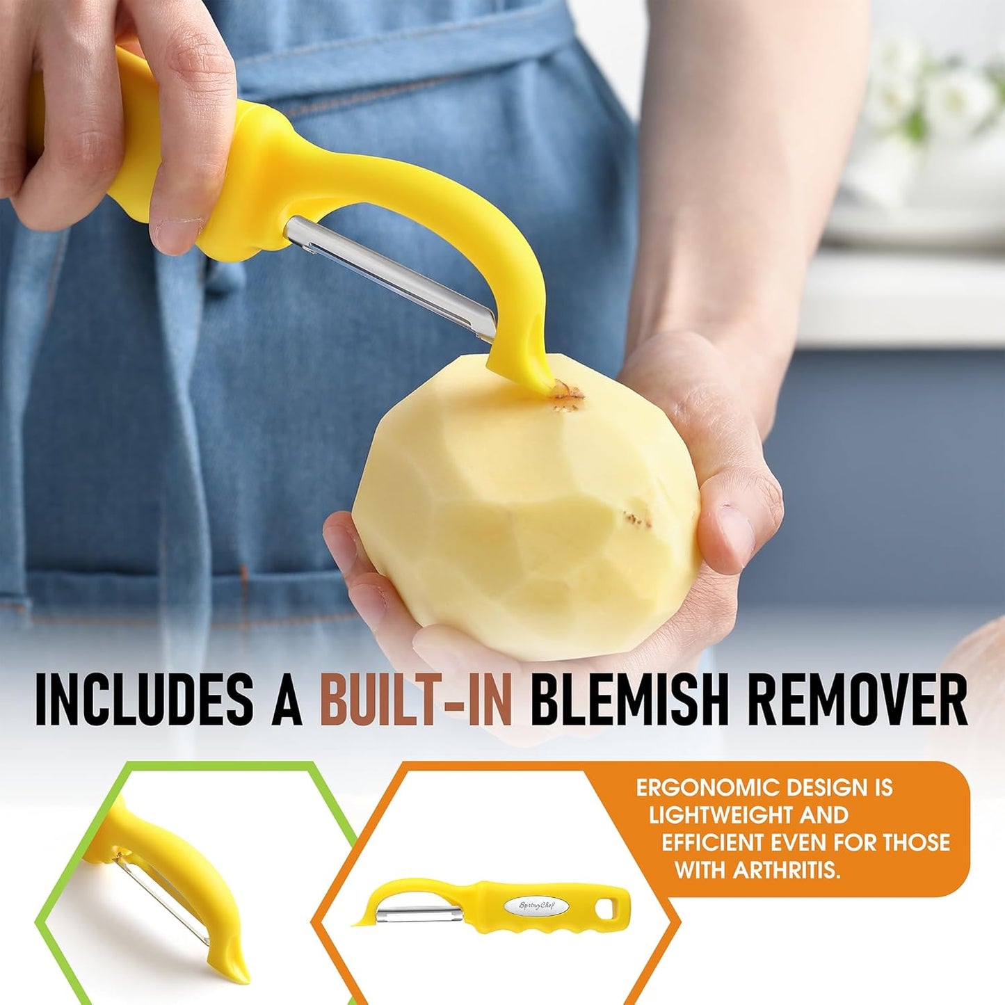 Spring Chef Premium Swivel Potato Peeler for Kitchen, Stainless Steel Fruit Peeler with Soft Grip Handle, Perfect for Vegetable, Apple, Carrot, Cucumber, Ginger - Dishwasher Safe - Yellow