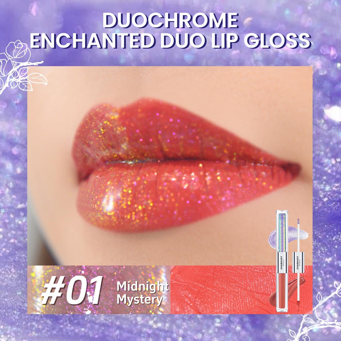 CHARMACY Multichrome Double Head Non-Stick Lip Gloss, Metallic Colourful Lip Glaze, Anti-transfer, Long Lasting Waterproof Liquid Lipstick Makeup (#01)