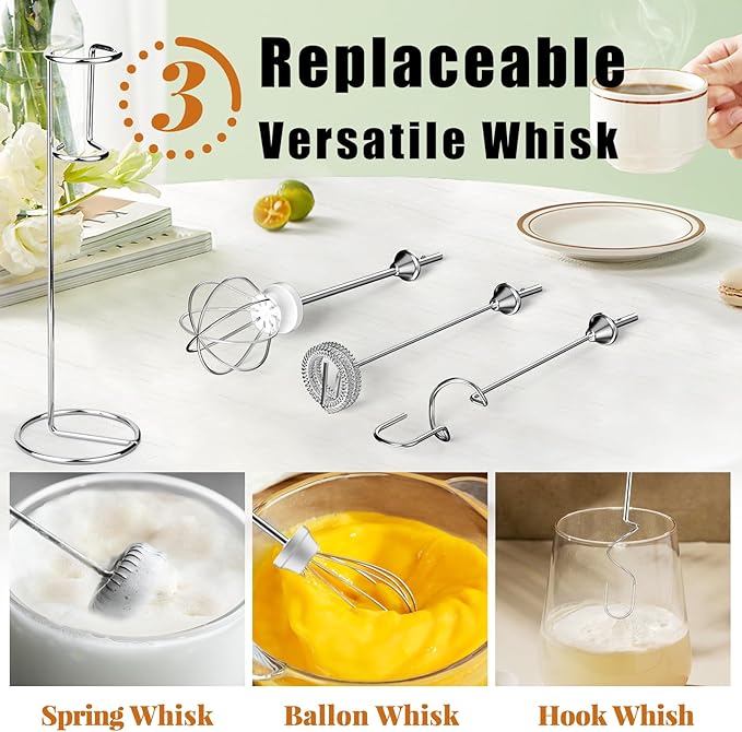 Nahida Milk Frother Wand for Coffee Frother Handheld with Stand Electric Whisk with 3 Heads 3 Speeds Drink Mixer Coffee Frother Foam Maker For Latte, Cappuccino, Hot Chocolate, Egg - Green