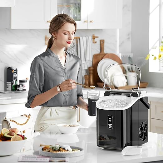 AGLUCKY Nugget Ice Makers Countertop,Portable Pebble Ice Maker Machine with Chewable Ice,One-Click Operation,Self-Cleaning for Home/Office(Black)