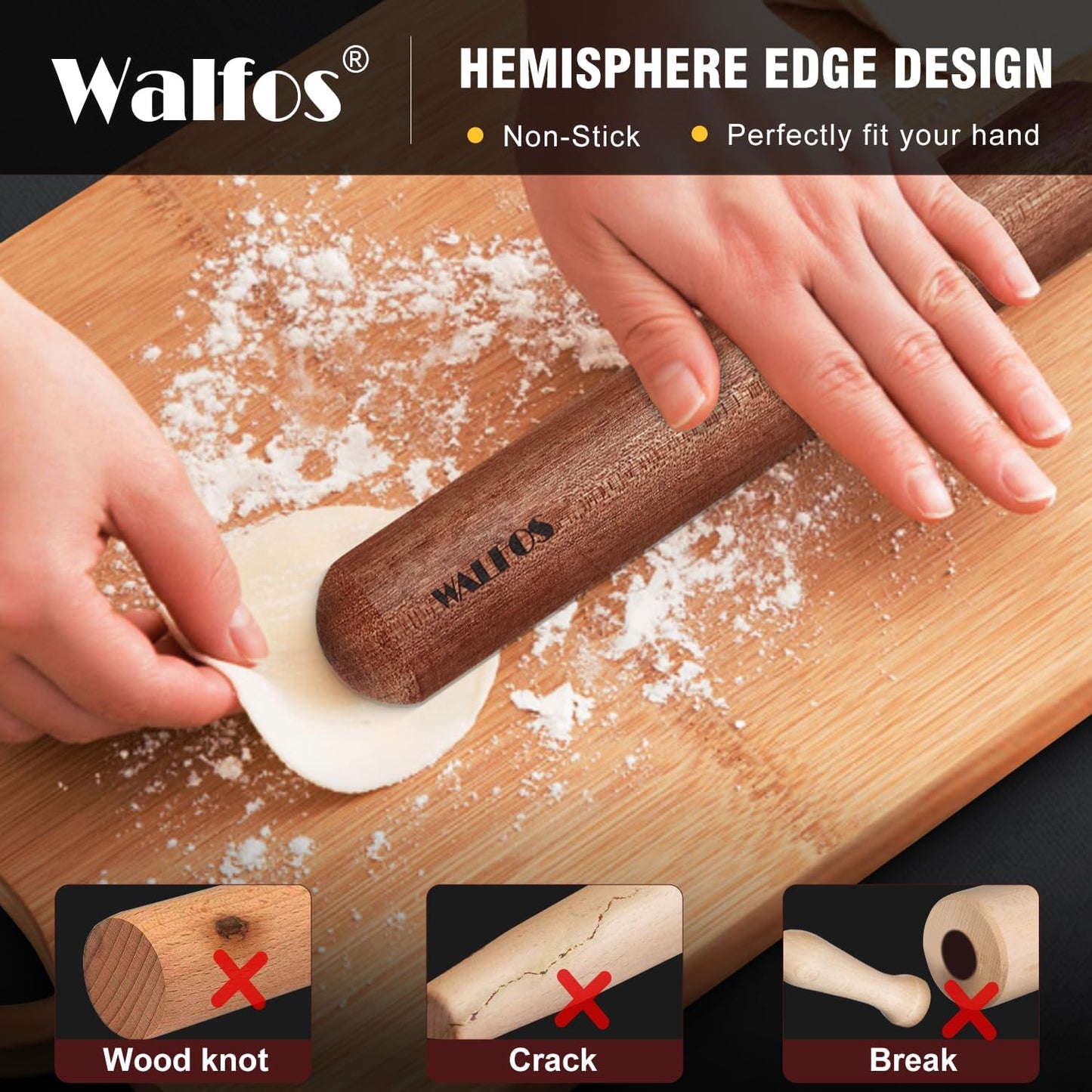 Walfos Mini Rolling Pin Set - Small Natural Wooden Rolling Pins, Baking Dough Roller for Pizza, Pie, Pasta, Bread, Pastry, No Coating (8inch)