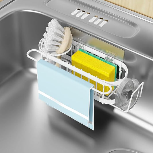 Cisily Kitchen Sink Caddy Sponge Holder in The Sink, Stainless Steel Kitchen Sink Organizer, Brush Holder, Dish Cloth Hanger, Sink Stopper Holder with Suction & Adhesives Installation Ways (White