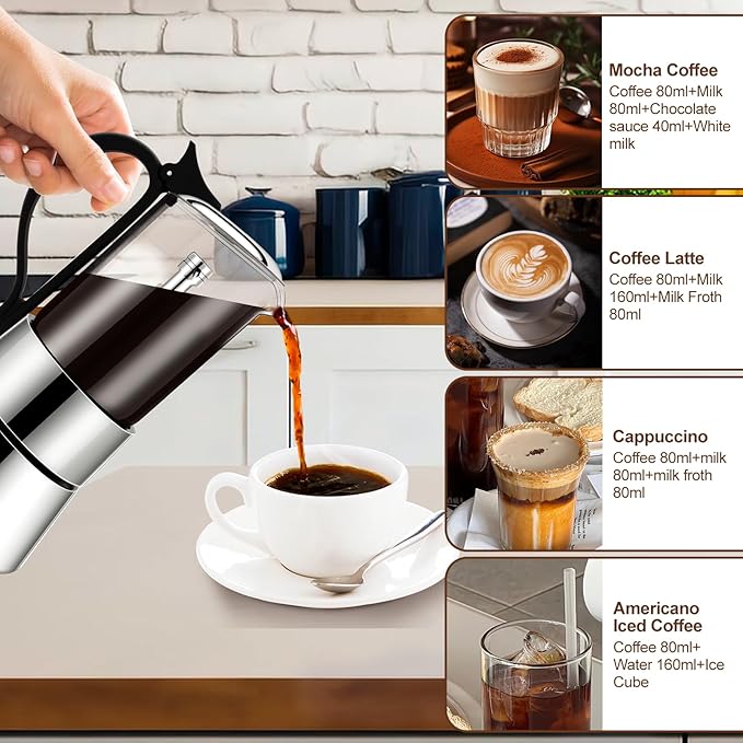6 Cup Glass Transparent Moka Pot Stainless Steel Uncoated Stovetop Espresso Maker Italian Coffee Makers Mocha Greca Machine Cafe Classic Induction Cookers for Home Camping 350ml