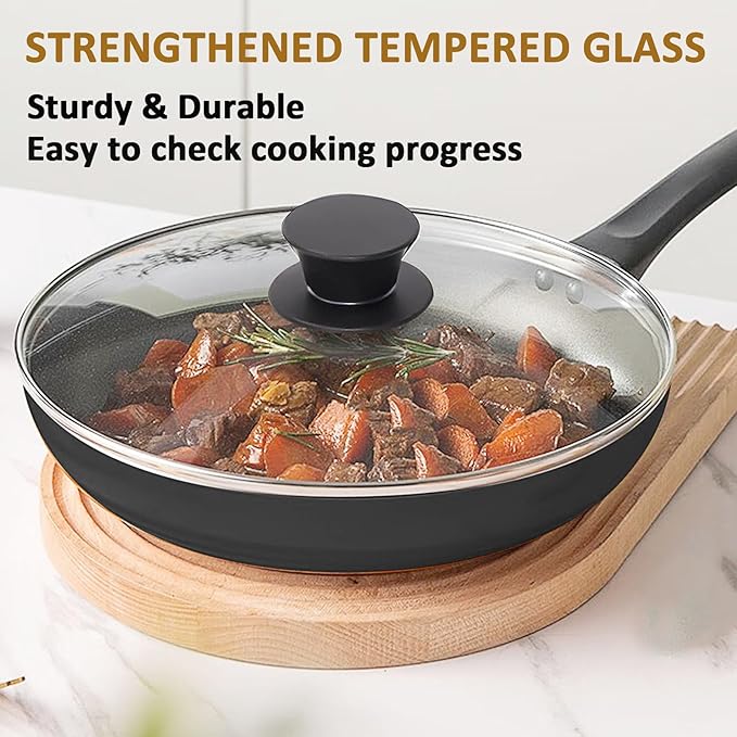 Glass Lid for 9.5 Inch Cast Iron Skillets Frying Pans, 24 cm Tempered Lids for Dutch Ovens, 9.5 In Pan Cover with Stainless Steel Rim for Stock Pots, Heat Resistant Handle, Dishwasher Safe