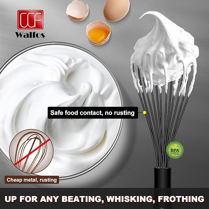 Walfos Silicone Whisk, Stainless Steel Wire Whisk - Heat Resistant Kitchen Whisks for Non-stick Cookware, Balloon Egg Beater Perfect for Blending, Whisking, Beating, Frothing & Stirring, 8.5", Black