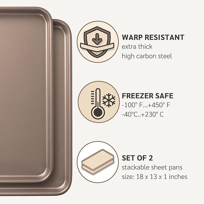HAPPIELS Nonstick Baking Sheet Set of 2 | PFOA & BPA Free Non Toxic Carbon Steel Cookie Sheets | Best Non Stick Oven Cooking Pans & Half Sheet Pan | Best Nontoxic Baking Trays 18 Inch