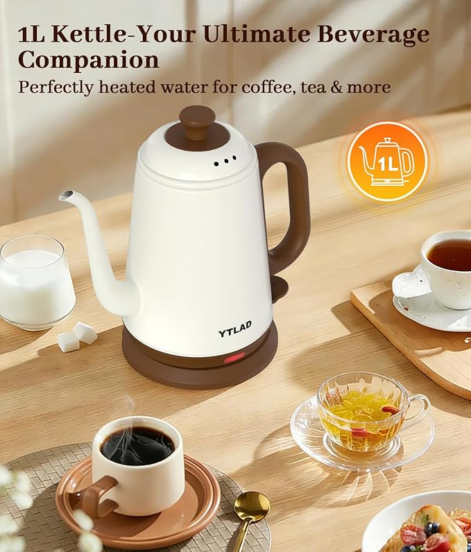 Gooseneck Electric Kettle 1L, 1000W Fast Boiling for Pour-Over Coffee & Tea, 304 Stainless Steel BPA-Free, Precise Flow Spout, Auto Shut-Off & Boil-Dry Protection, Retro Style (White)