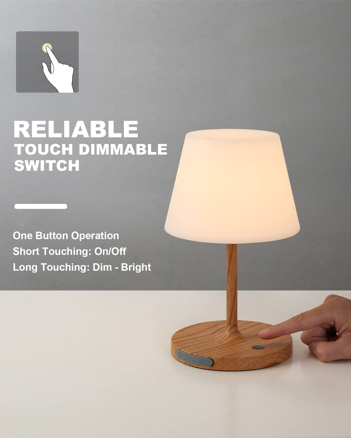 WEILAILUX Outdoor Battery Operated Table Lamp Waterproof, 4000mAh Cordless Rechargeable, Touch Dimmable Desk Lamp, LED Night Light for Patio Camping Restaurant Home, H9.6in, Wood Grain