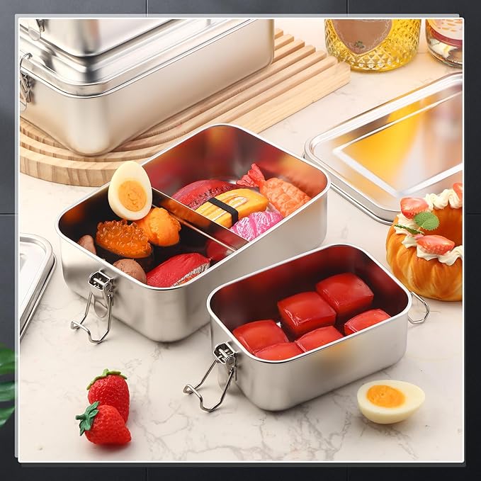 Umigy 3 Pcs Stainless Steel Food Containers 850/1400/2400 ml Metal Bento Lunch Box Stainless Steel Food Storage Containers, Lockable Clips to Leak Proof, Reusable Dishwasher Snack Boxes for Work