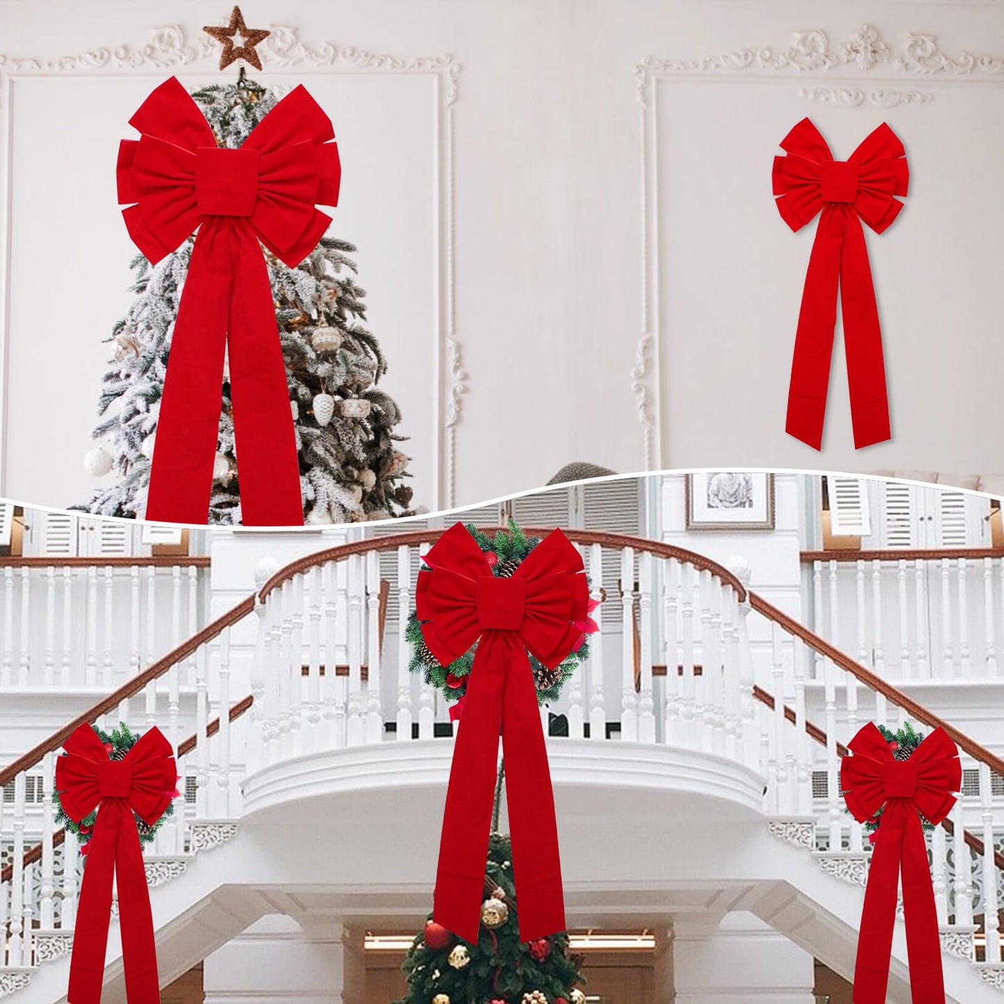 4 Pack Christmas Tree Bow Topper Red, 18”x35” Car Bow, Christmas Bows Decoration Large, Wreath Bow, Christmas Red Velvet Bows, for Xmas Home Front Door Patio Outdoor Decor (Red 2, 4 Pack)