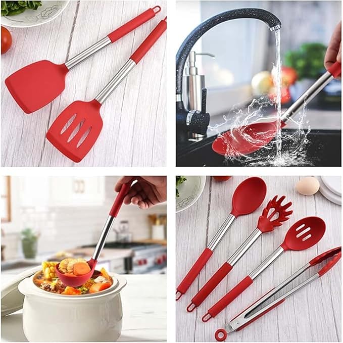 Silicone Kitchen Tools - Non - Stick, Anti - Slip, High - Temperature Resistant, Scald - Proof 14 - Piece Set with Stainless Steel Tube Handles & a Storage Bucket (Gray)