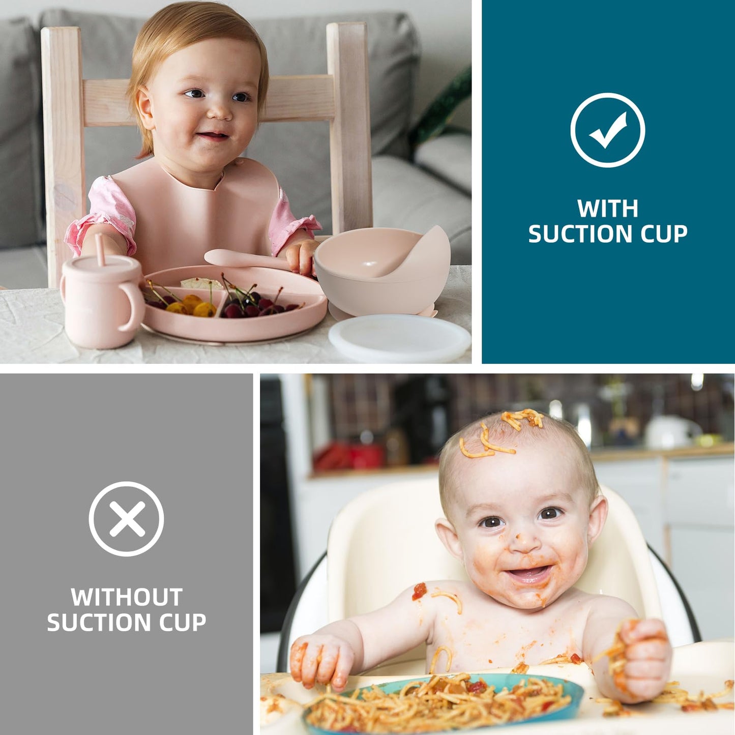 Dormlony 100% Silicone Baby Feeding Set,BPA Free Baby Dishes Set with Suction Bowl Divided Plate,Toddler Self Feeding Dish Set with Spoons Forks Sippy Cup and Bib, Baby Eating Utensils (Pink)