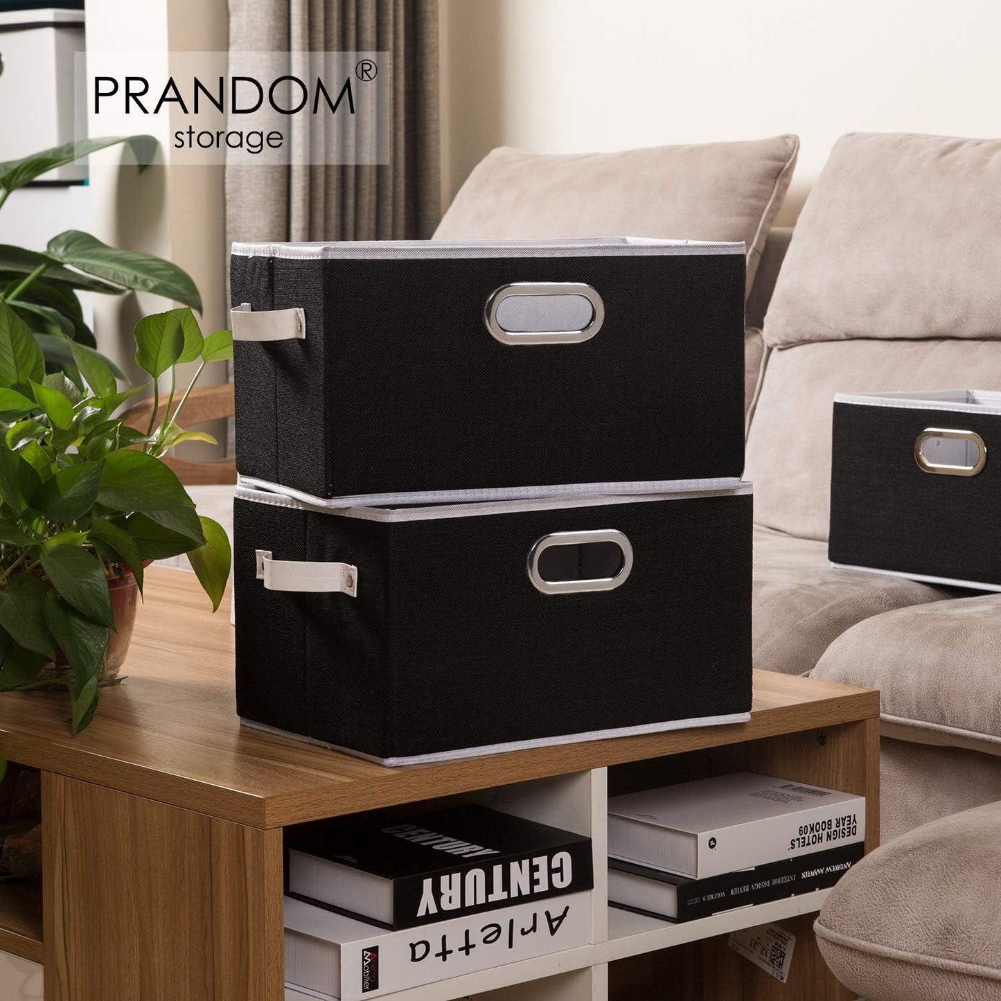 PRANDOM Fodable Storage Bins for Closet [3-Pack] Decorative Fabric Storage Baskets Cubes with Leather/Metal Handles for Shelves Bedroom Living Room Black (11.5x8.5x6.7 Inch)