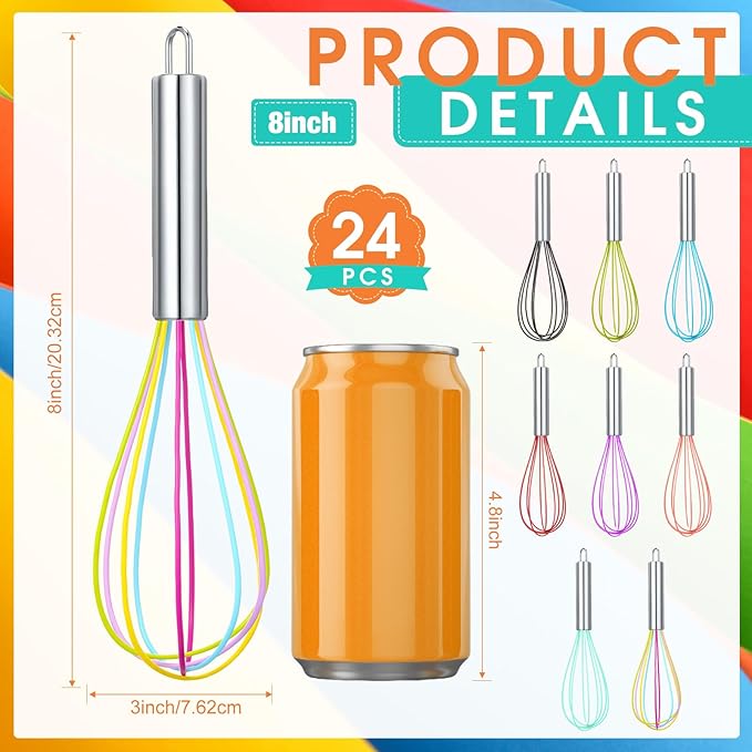 Domensi 24 Pcs 8 Inch Whisks Bulk for Cooking Silicone Whisks Non Scratch Stainless Steel Wisks Coated Metal Heat Resistant Egg Beaters for Mothers Day Party Favor Gift Supplies
