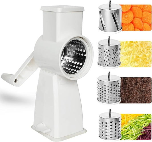 4-in-1 Rotary Cheese Grater Handheld, Lightweight Body with 4 Stainless Steel Blades & Non-Slip Suction Base, for Shredding Parmesan, Slicing Vegetables, Grating Chocolate（White）