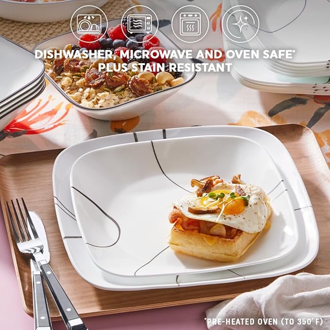 Corelle 18-Piece Service for 6 Dinnerware Set Triple Layer Glass and Chip Resistant, Lightweight Square Plates and Bowls Set, Simple Lines