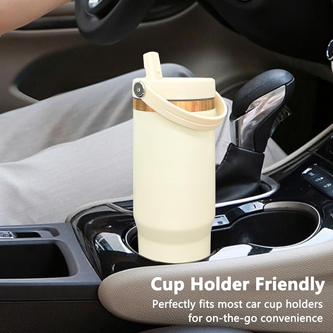 30 oz Tumbler Bulk with Handle and Straw, Vacuum Insulated Tumblers with Flip Straw and Top Handle, Leakproof Powder Coated Tumbler, Stainless Steel Travel Mug for Coffee Water (Cream, 4 Pack)