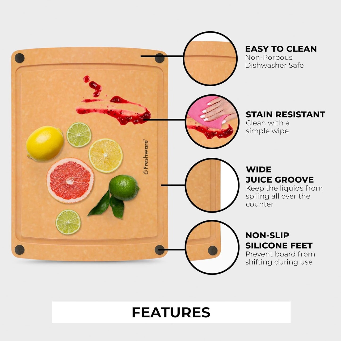 Freshware Wood Cutting Board for Kitchen, Juice Groove, Non-Slip Silicone Feet, Dishwasher Safe, 2X Large, 20" x 14", Natural