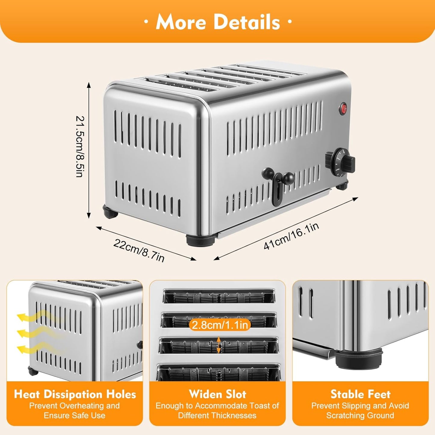 6 Slice Toaster with Wide Slots Commercial Toasters for Restaurant Bread Baking Machine 1680W Stainless Steel Toaster Countertop for Toast, Sandwiches, Meatloaf