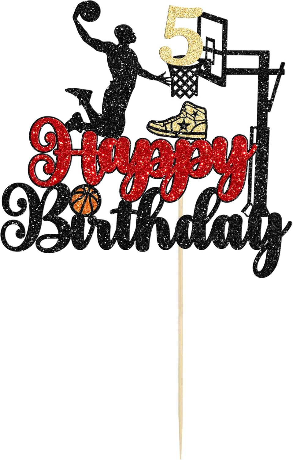 1Pc 5th Birthday Basketball Cake Topper Glitter Basketball Sports Theme Cake Pick for Baby Shower 5th Birthday Cake Decorations Party Supplies Black