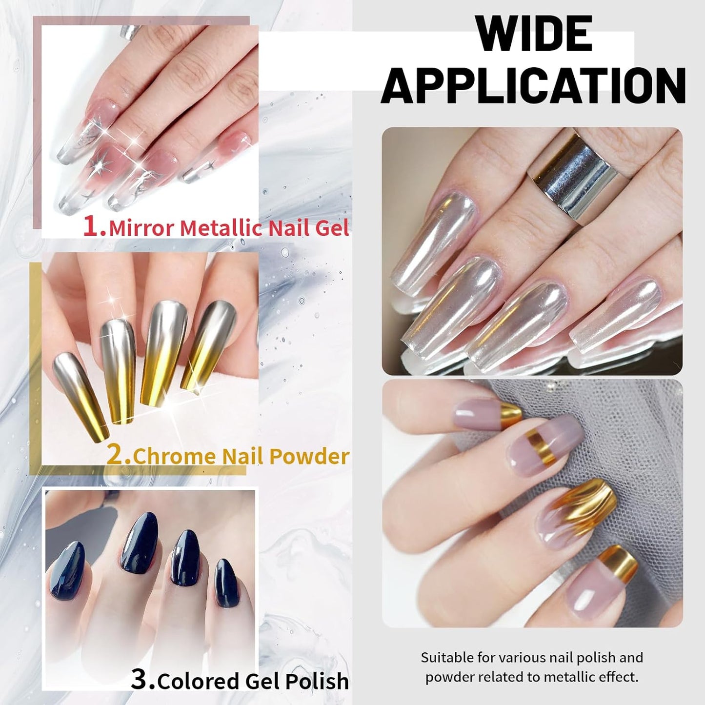 15ml Top Coat and Base Coat Set for Metallic Mirror Painting Gel, No Wipe Clear Top and Base Coat for Nail Polish, Chrome Nail Powder