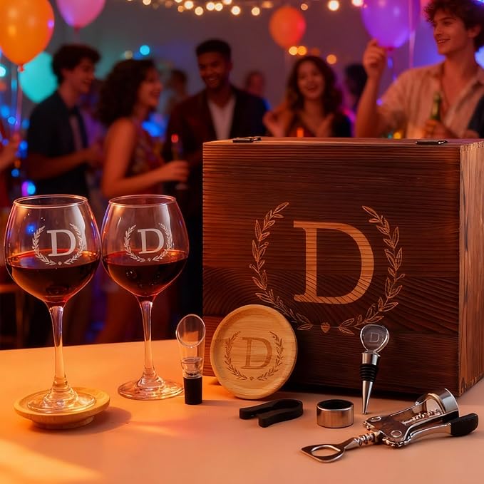 GZLDGIFTS Personalized Initial Wine Glasses Box Gift Set For Women Mom Engraved Birthday Monogrammed Wooden Christmas Gifts Wedding Anniversary Wine Couples Stopper Opener Initial Letterr (K Set)